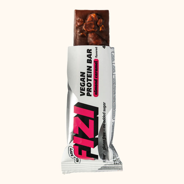 FIZI Almond Caramel Protein Bar - Single Bar Unwrapped